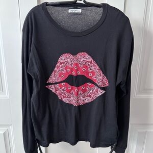 Lauren Moshi Black Long Sleeve Top with Red Lips Design